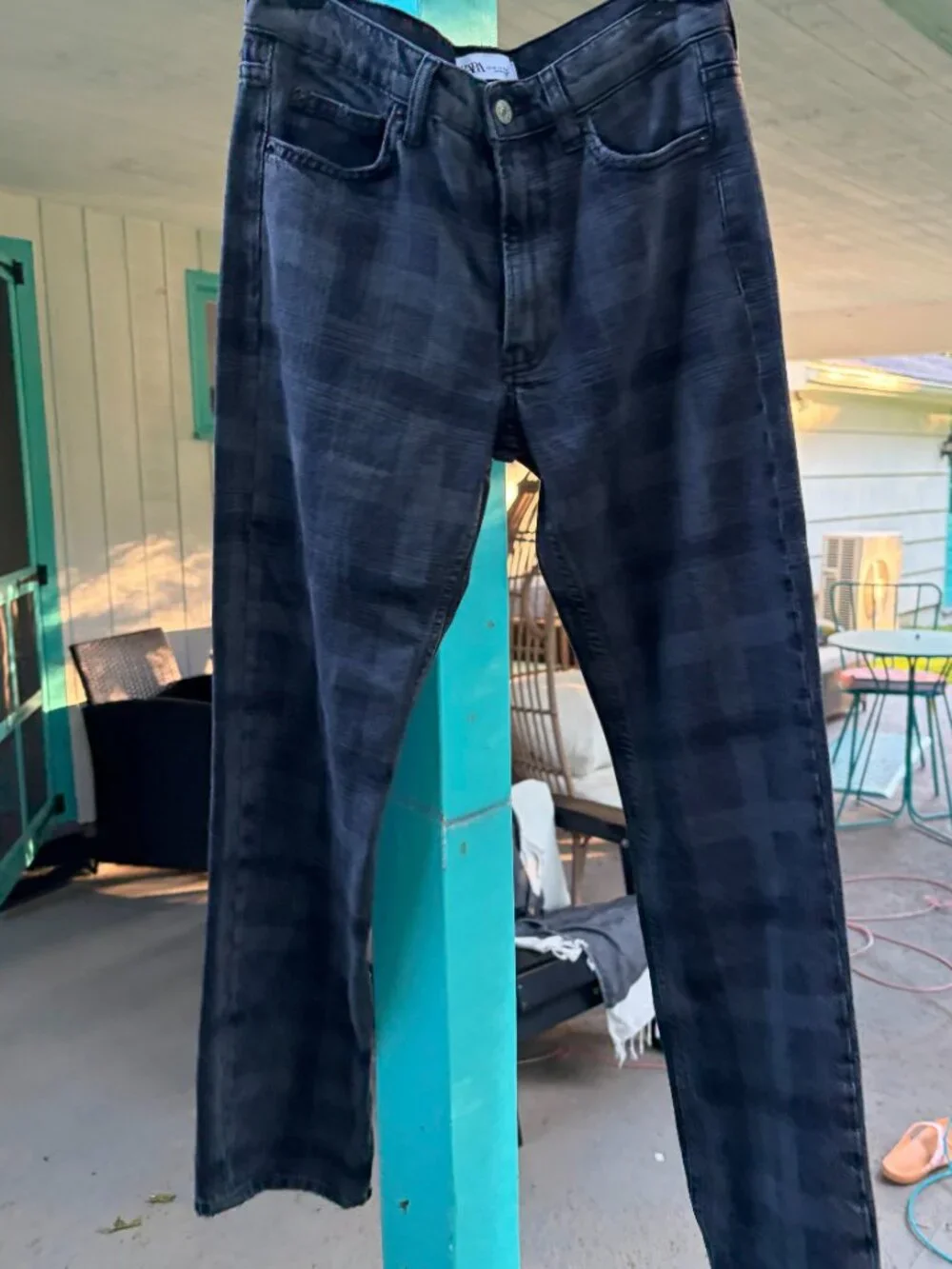 NWT: ZARA Grey Tonal Shadow Plaid Straight Leg Jean Pants, Size 2